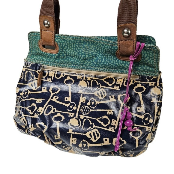Fossil Key-Per Tote Shoulder Bag Teal Blue Navy Coated Purse‎ Shopper - Picture 1 of 10